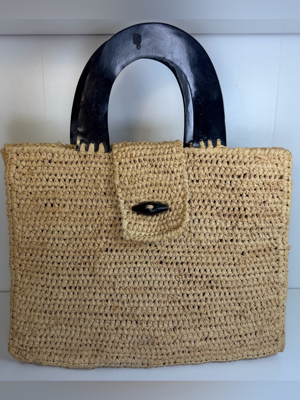 Maurizio Spataro Handwoven Straw Tote Bag with Black Hoop Handles - Natural